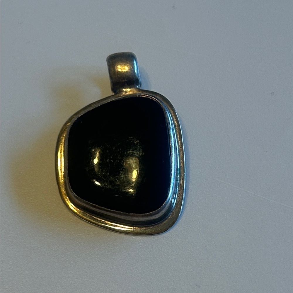 Vintage Mexico Silver and Onyx Pendant artist stamped 70s Brutalism